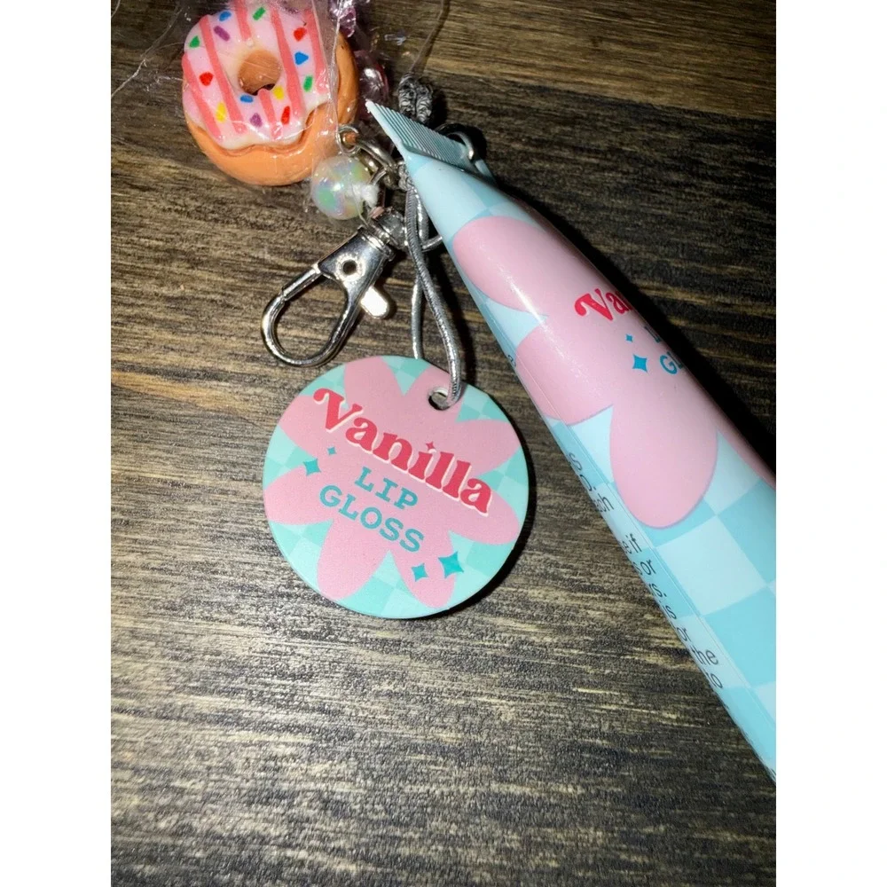Walgreens Vanilla Lip Gloss 0.5oz NEW Donut Bead Keychain Blue Pink Checkered